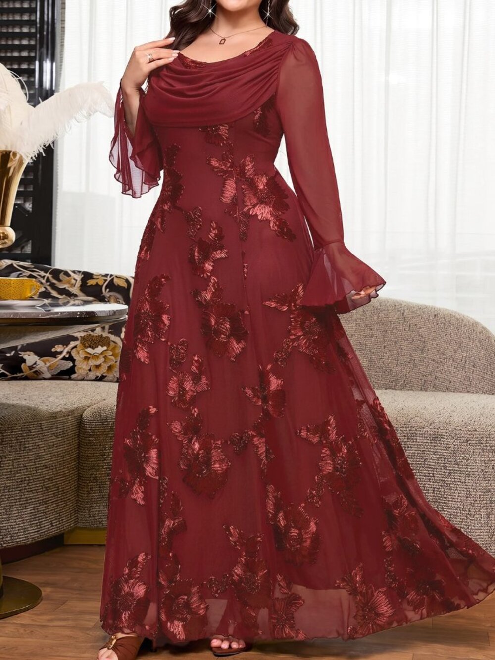 Burgundy Elegant Women's Plus Size Jacquard Casual Party Dress